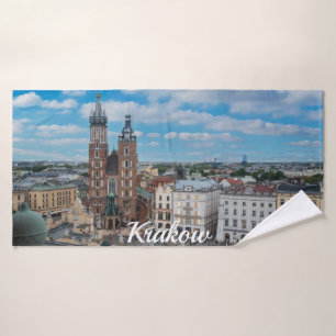 Krakow city centre from above in Poland Bath Towel