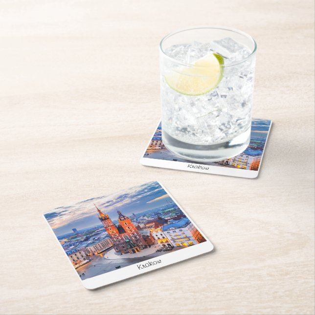 Krakow night in Poland Square Paper Coaster (Insitu)