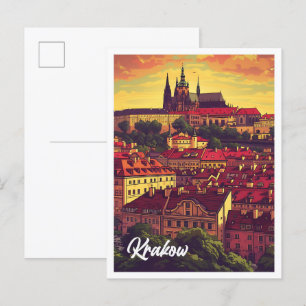Krakow Poland Artistic Travel Illustration Postcard