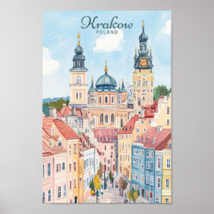 Krakow Poland Gouache Paint Illustration Travel Poster