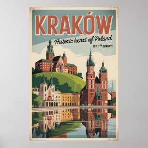 Kraków Poland Retro Skyline Cityscape Travel Poster