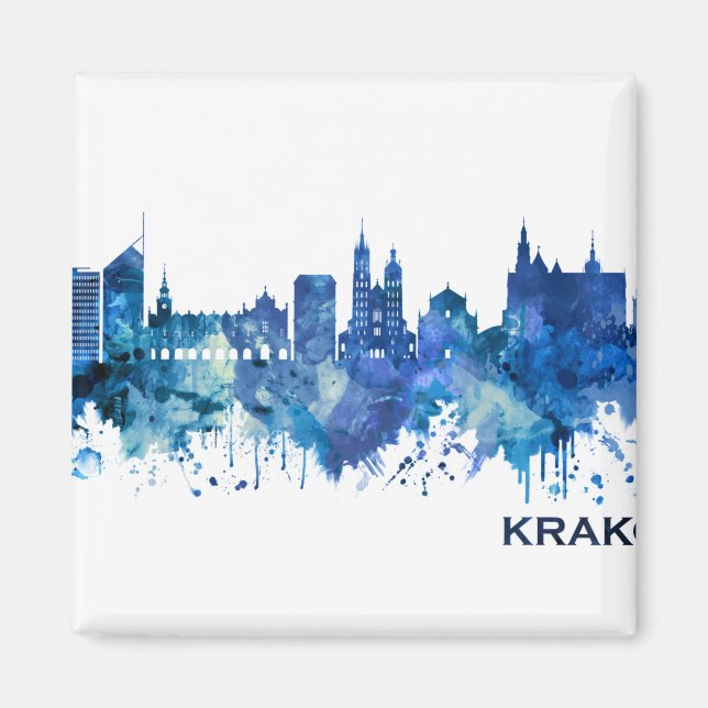Krakow Poland Skyline Blue Magnet (Front)