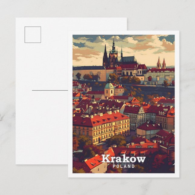 Krakow Poland Vintage Art Travel Illustration Postcard (Front/Back)