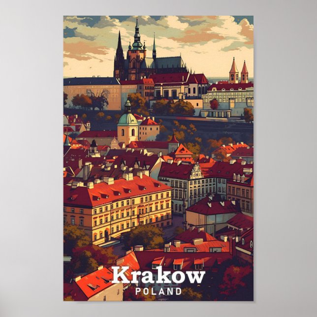 Krakow Poland Vintage Art Travel Illustration Poster (Front)