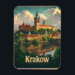 Krakow Vintage Magnet<br><div class="desc">A charming and nostalgic depiction of Krakow, Poland, showcasing its rich historical and architectural heritage. The design features the city's iconic landmarks such as Wawel Castle, St. Mary's Basilica, and the bustling Market Square, all illustrated in a vintage style. This artwork captures the timeless beauty and cultural richness of Krakow,...</div>