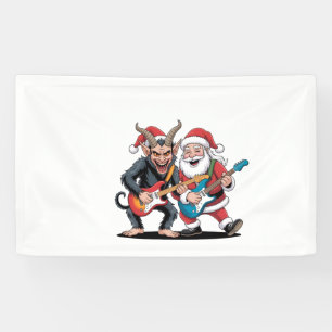 Krampus and Santa Playing Electric Guitar Xmas Banner