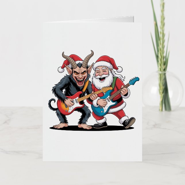 Krampus and Santa Playing Electric Guitar Xmas  Foil Holiday Card (Front)