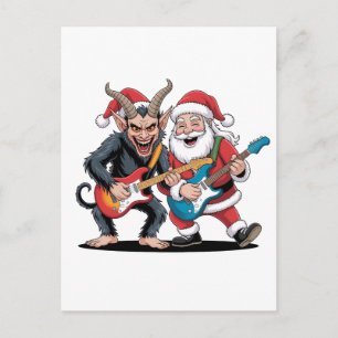 Krampus and Santa Playing Electric Guitar Xmas Invitation Postcard