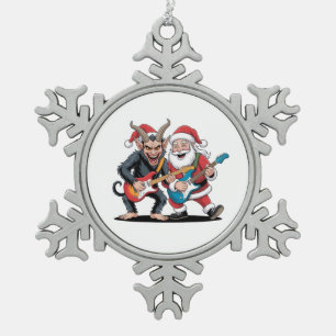Krampus and Santa Playing Electric Guitar Xmas  Snowflake Pewter Christmas Ornament