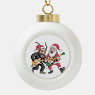 Krampus and Santa Playing Guitar Electric Xmas  Ceramic Ball Christmas Ornament