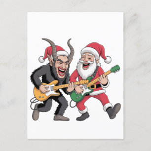 Krampus and Santa Playing Guitar Electric Xmas  Holiday Postcard
