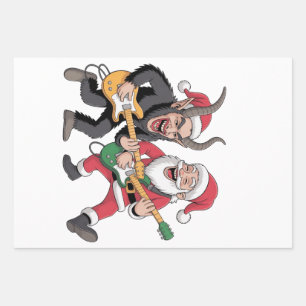 Krampus and Santa Playing Guitar Electric Xmas  Wrapping Paper Sheet