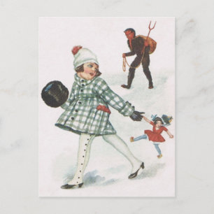 Krampus Chasing A Little Girl With Doll Postcard