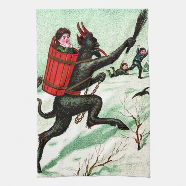 Krampus Chasing Bad Children Winter Snow Tea Towel (Vertical)