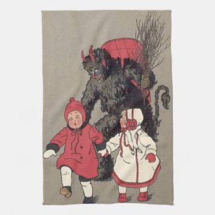 Krampus Chasing Children Switch Tea Towel