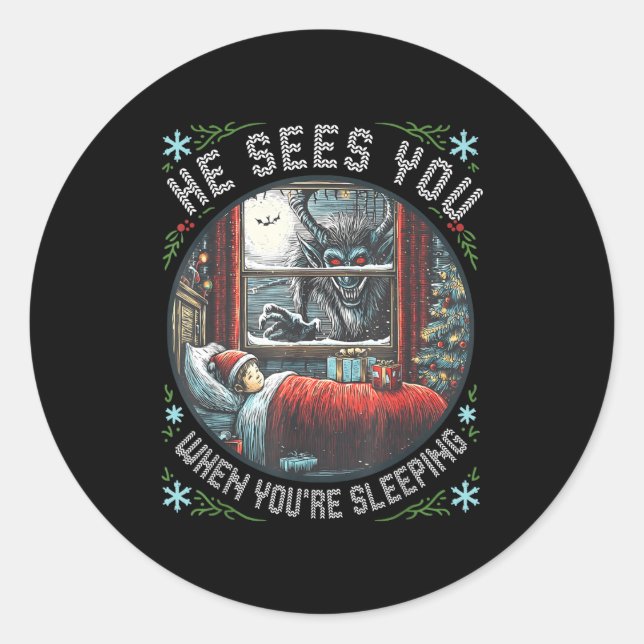 Krampus He Sees You When You're Sleeng Horror Chri Classic Round Sticker (Front)