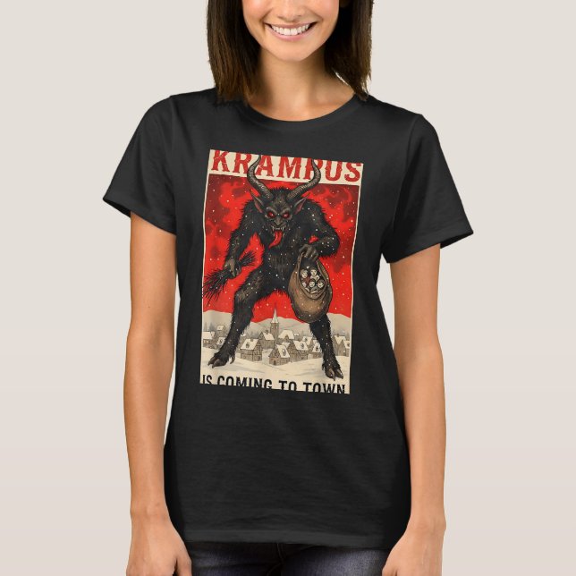 Krampus Is Coming To Town Christmas Horror Holiday T-Shirt (Front)