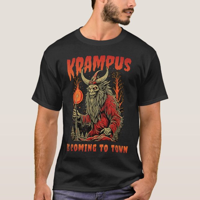 Krampus Is Coming To Town Christmas Horror Holiday T-Shirt (Front)