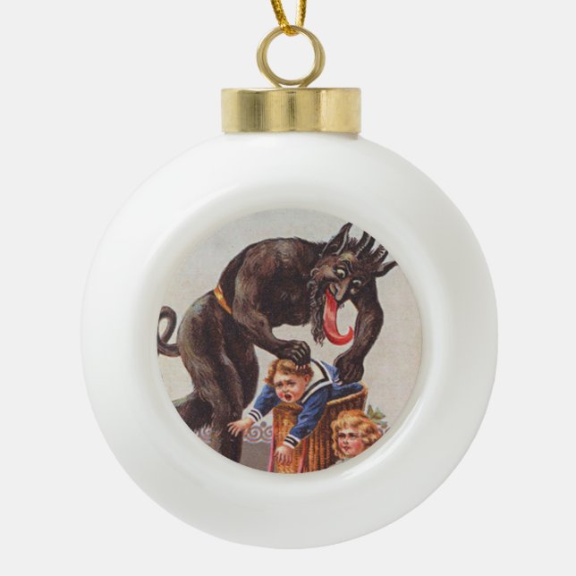 Krampus Kidnapping Children Ceramic Ball Christmas Ornament (Front)