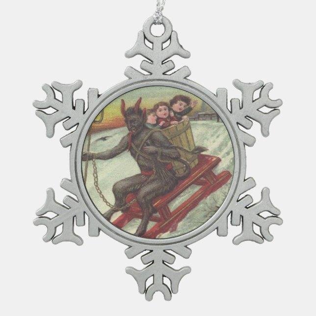 Krampus Kidnapping Children On Toboggan Snowflake Pewter Christmas Ornament (Front)