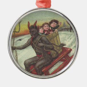 Krampus Kidnapping Kids On Sleigh Pitchfork Metal Tree Decoration