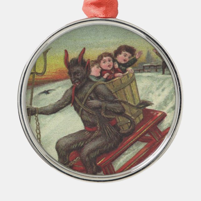 Krampus Kidnapping Kids On Sleigh Pitchfork Metal Tree Decoration (Front)
