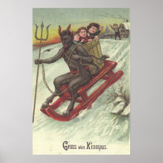 Krampus Kidnapping Kids On Sleigh Pitchfork Poster