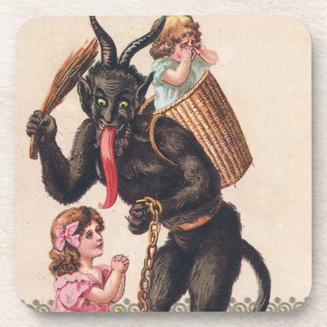 Krampus Kidnaps Girls Vintage Holiday Christmas Coaster (Front)