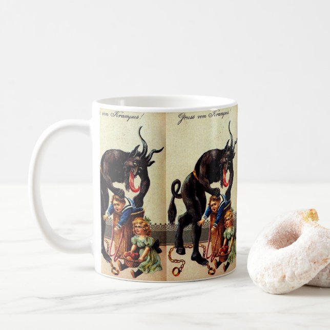 Krampus Kids in Basket Holiday Christmas Coffee Mug (With Donut)