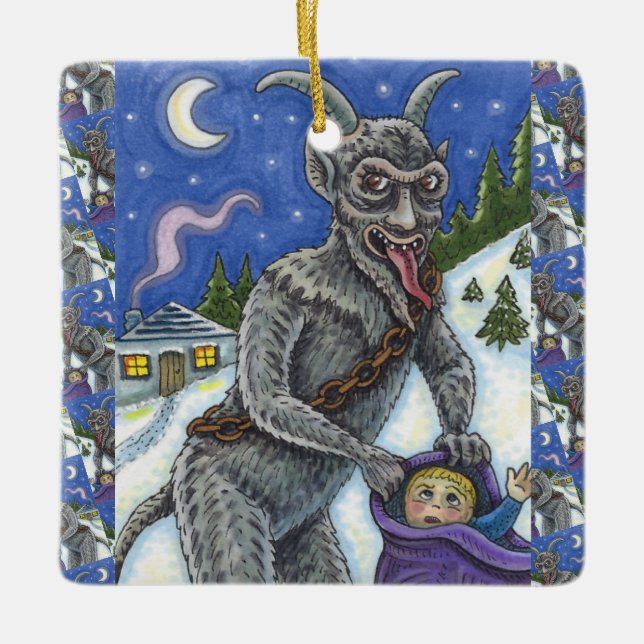 KRAMPUS & NAUGHTY CHILDREN, SCARY CHRISTMAS STORY CERAMIC ORNAMENT (Front)