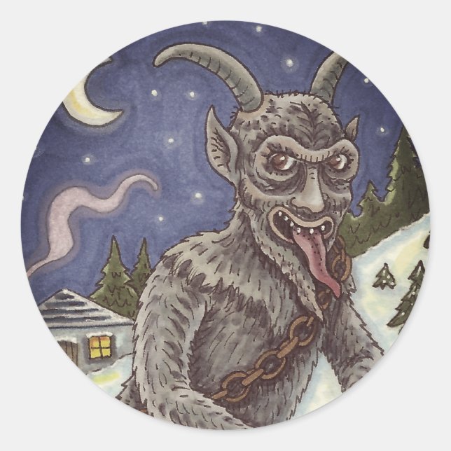 KRAMPUS & NAUGHTY CHILDREN, SCARY CHRISTMAS STORY CLASSIC ROUND STICKER (Front)