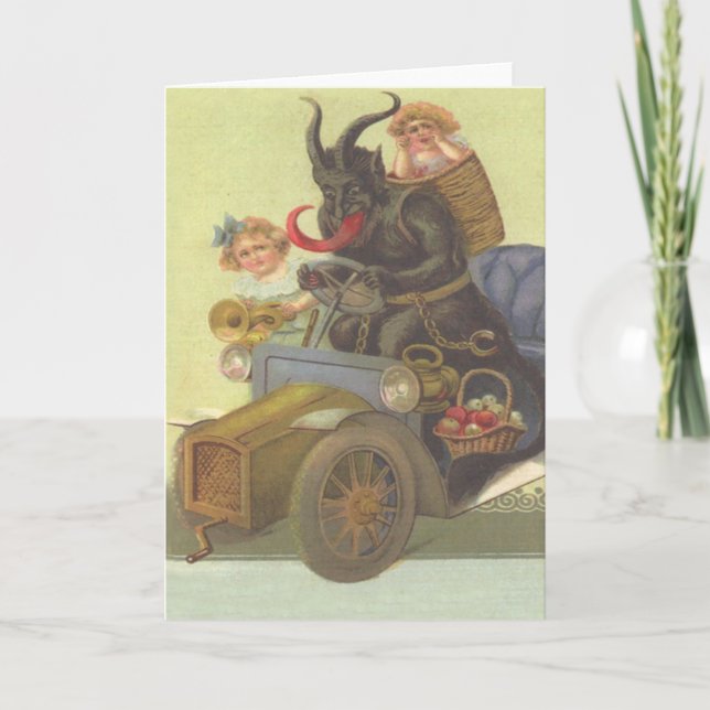 Krampus Obducting Little Girls In Car Holiday Card (Front)