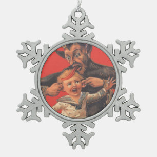 Krampus Punishing Little Boy Snowflake Pewter Christmas Ornament