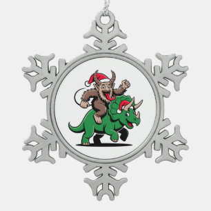 Krampus Riding A Dinosaur Santa Christmas Evil Snowflake Pewter Christmas Ornament