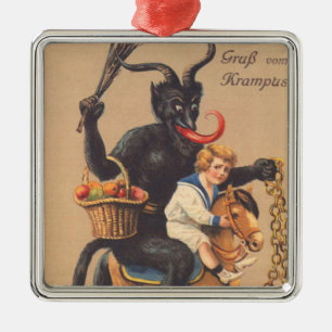 Krampus Riding Hobbyhorse With Boy Metal Tree Decoration