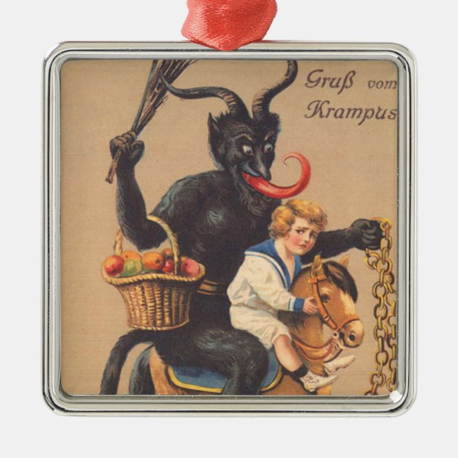 Krampus Riding Hobbyhorse With Boy Metal Tree Decoration (Front)