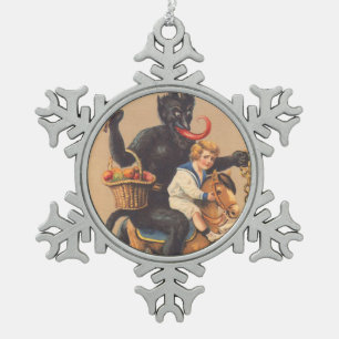 Krampus Riding Hobbyhorse With Boy Snowflake Pewter Christmas Ornament