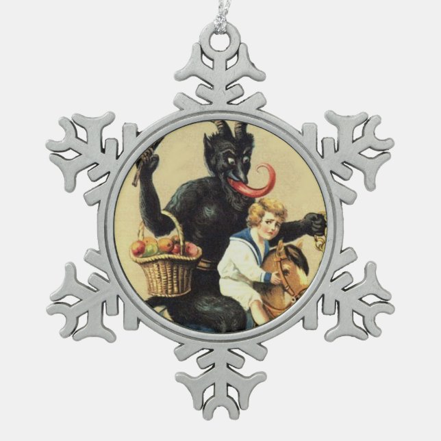 Krampus Rocking Horse Demon Holiday Christmas Xmas Snowflake Pewter Christmas Ornament (Front)