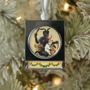 Krampus Rocking Horse Holiday Christmas Xmas Silver Plated Banner Ornament