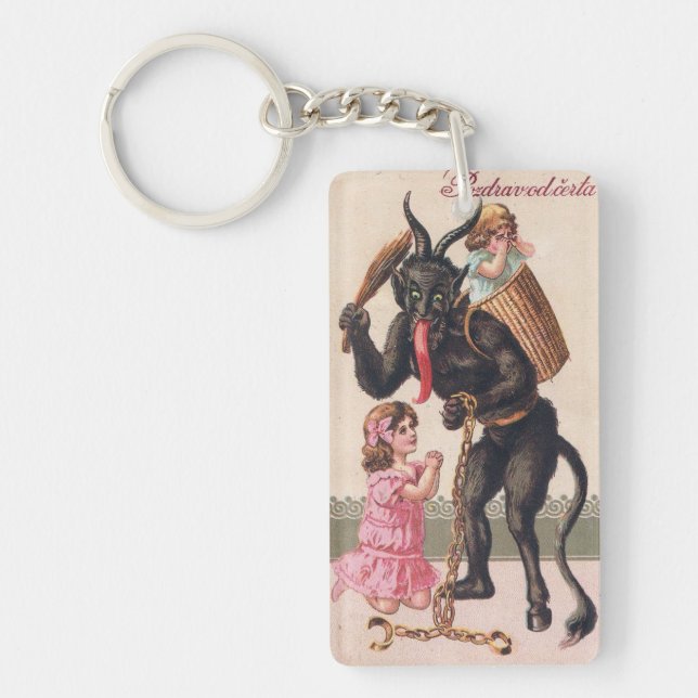 Krampus Scaring Girls Vintage Demon Christmas Key Ring (Front)