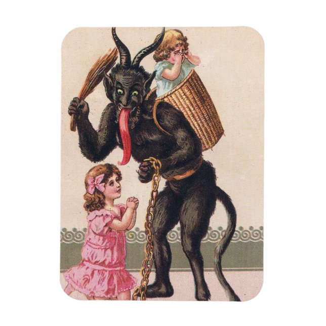 Krampus Scaring Girls Vintage Holiday Christmas Magnet (Vertical)