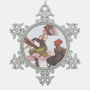 Krampus & Victorian Witch Snowflake Pewter Christmas Ornament