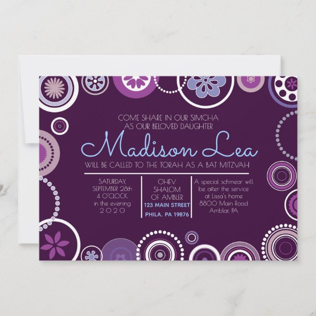 KRAZY POLKA DOT  Bat Mitzvah Invitation Purple (Front)