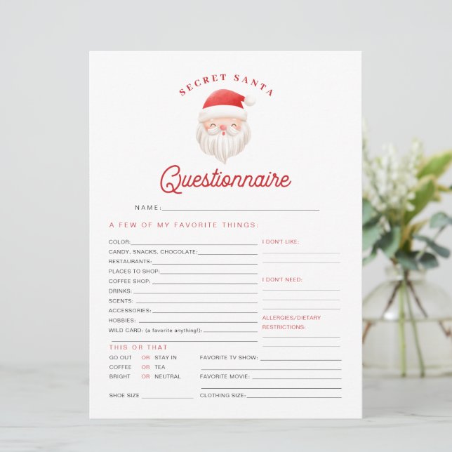 KRIS Christmas Secret Santa Questionnaire Card (Standing Front)