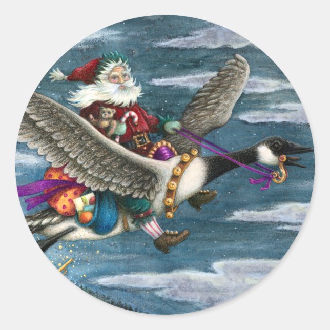 KRIS KRINGLE AND TOYS ON CANADIAN GOOSE CHRISTMAS CLASSIC ROUND STICKER (Front)