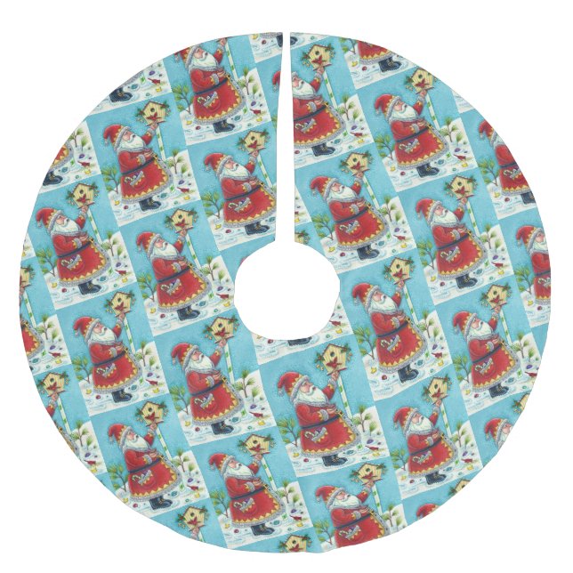 KRIS KRINGLE & CARDINAL BIRDHOUSE, CUTE CHRISTMAS BRUSHED POLYESTER TREE SKIRT (Front)