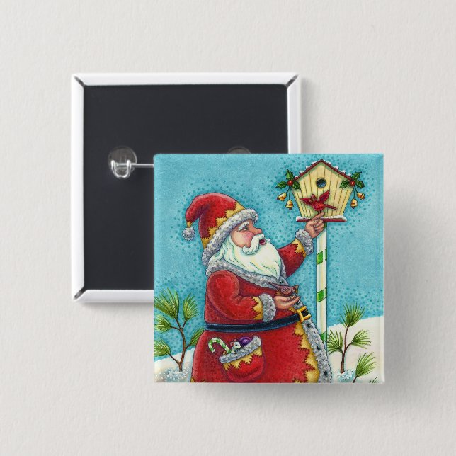 KRIS KRINGLE FEEDING REDBIRDS, CHRISTMAS BIRDHOUSE 15 CM SQUARE BADGE (Front & Back)