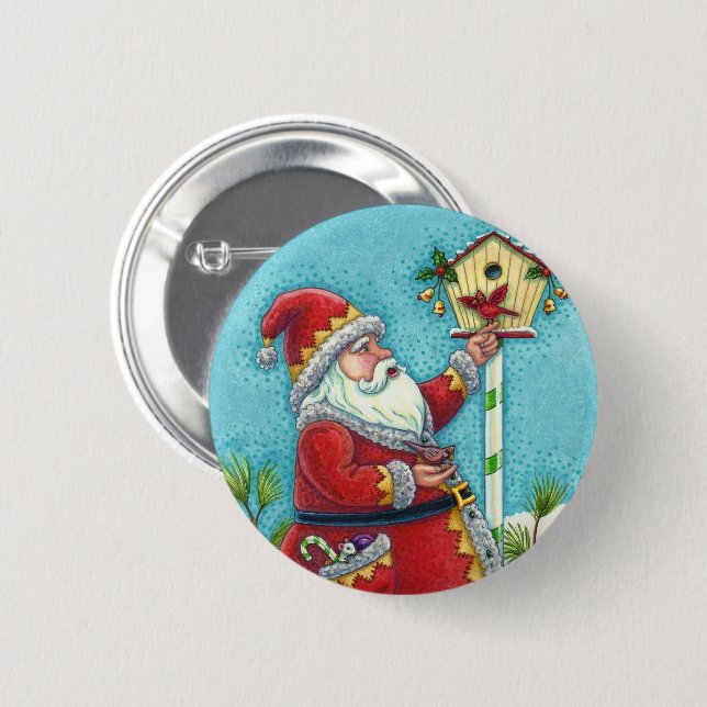 KRIS KRINGLE FEEDING REDBIRDS, CHRISTMAS BIRDHOUSE 6 CM ROUND BADGE (Front & Back)