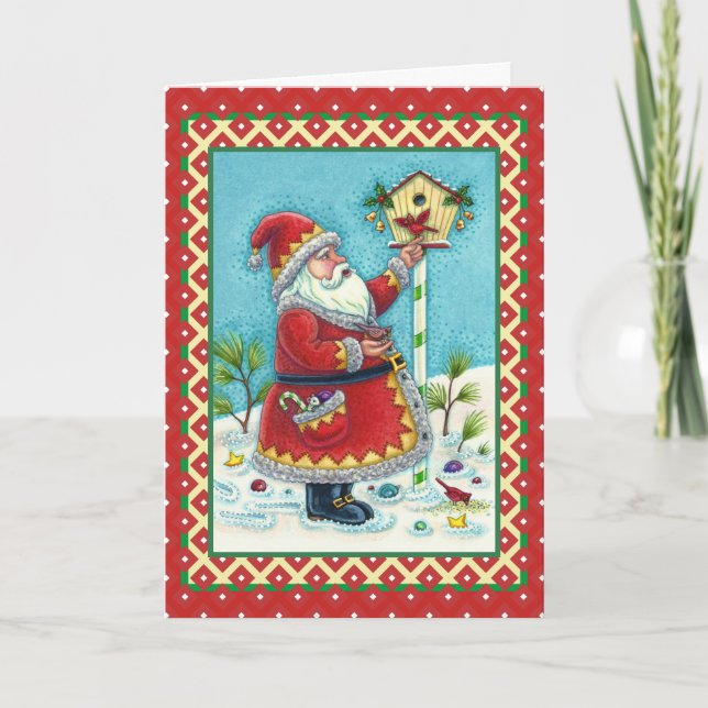 KRIS KRINGLE FEEDING REDBIRDS, CHRISTMAS BIRDHOUSE HOLIDAY CARD (Front)