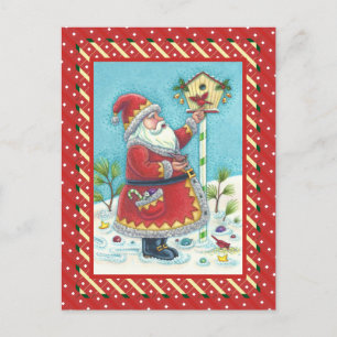 KRIS KRINGLE FEEDING REDBIRDS, CHRISTMAS BIRDHOUSE HOLIDAY POSTCARD
